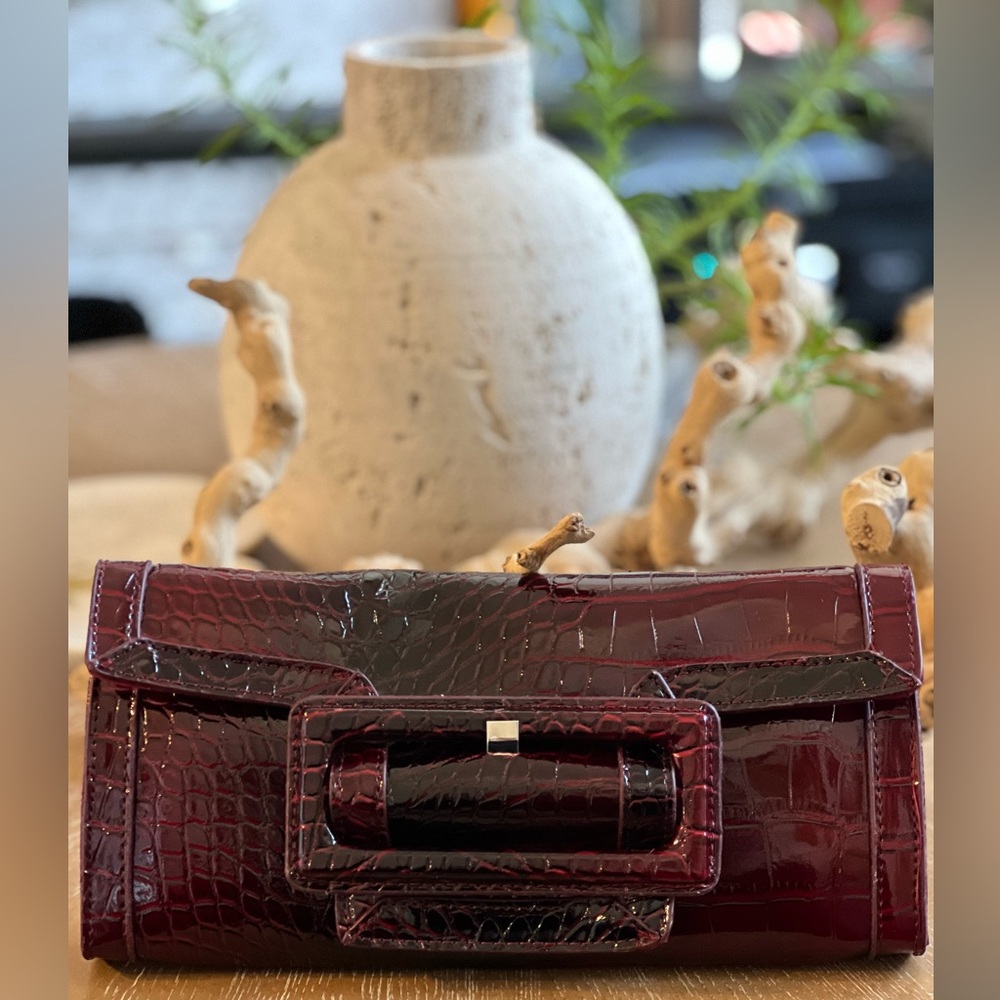 White House Black Market Burgundy Croc-Embossed Clutch - Picture 2 of 8